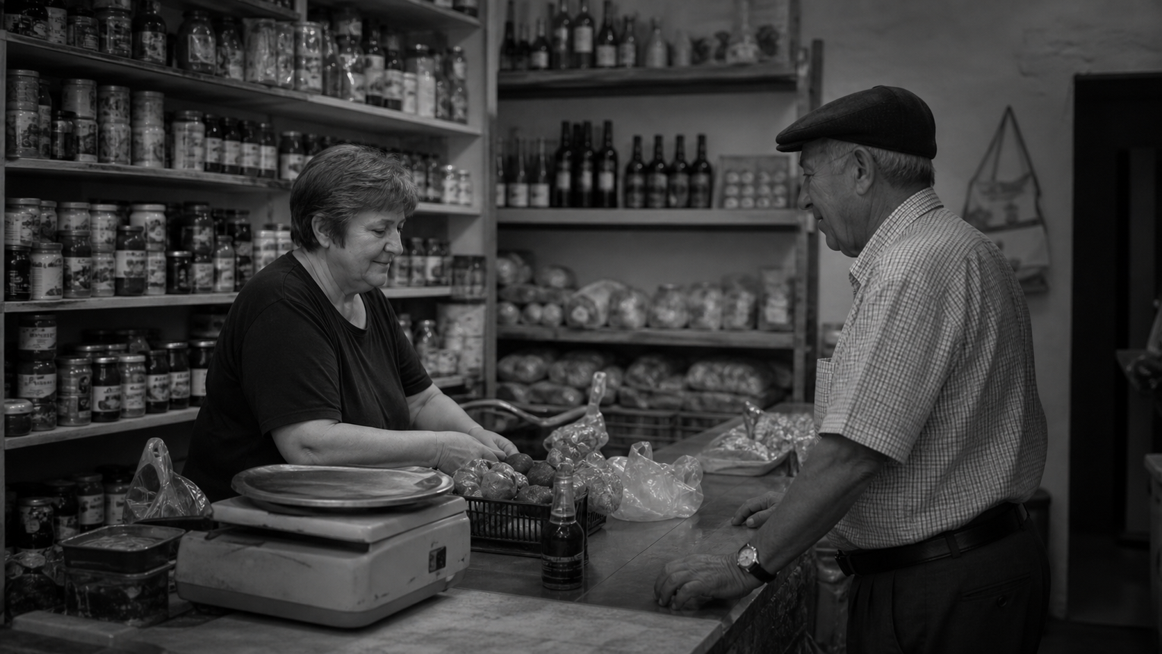 Dos personas conversando en una tienda de pueblo.